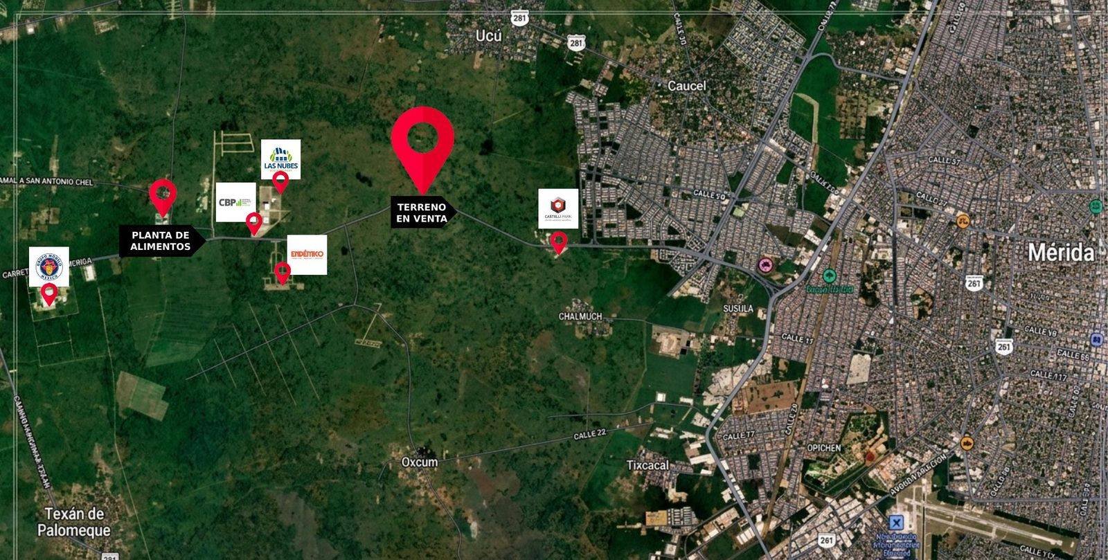 Vista satelital del corredor industrial Mérida–Tétiz con la ubicación del terreno en venta y los parques industriales vecinos